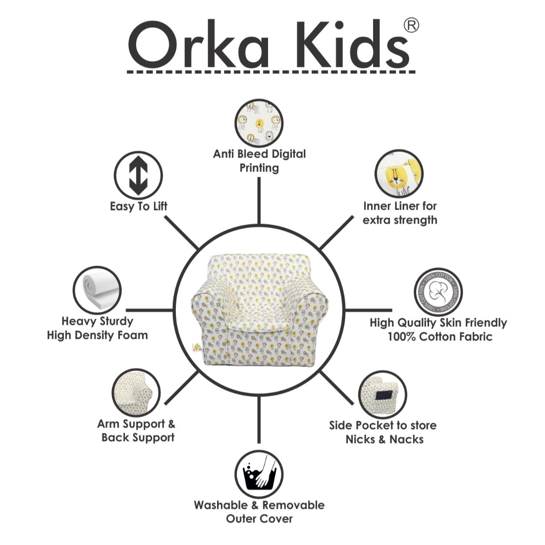 Orka Kids Foam Chair High Density Foam Washable Cover  - (Lion)